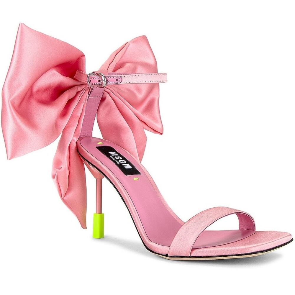MSGM Iconic Bow Heels Sandals Ankle Strap Stiletto Square Toe Pink Size 40